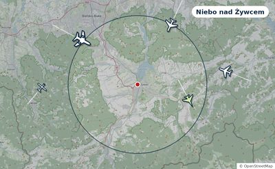 Mapa okolic miasta z sylwetkami samolotów — Niebo nad Żywcem